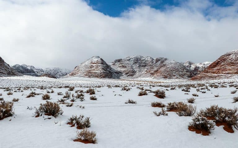 winter snow covering the Forah area in Wadi Rum